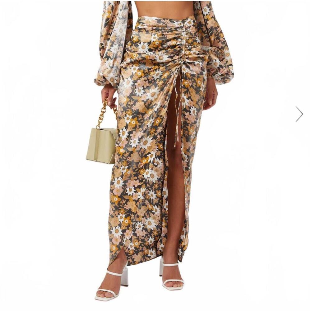 Revolve x Rumer Paloma Skirt Black Floral High Slit Maxi Ruched Satin Sz L NWT